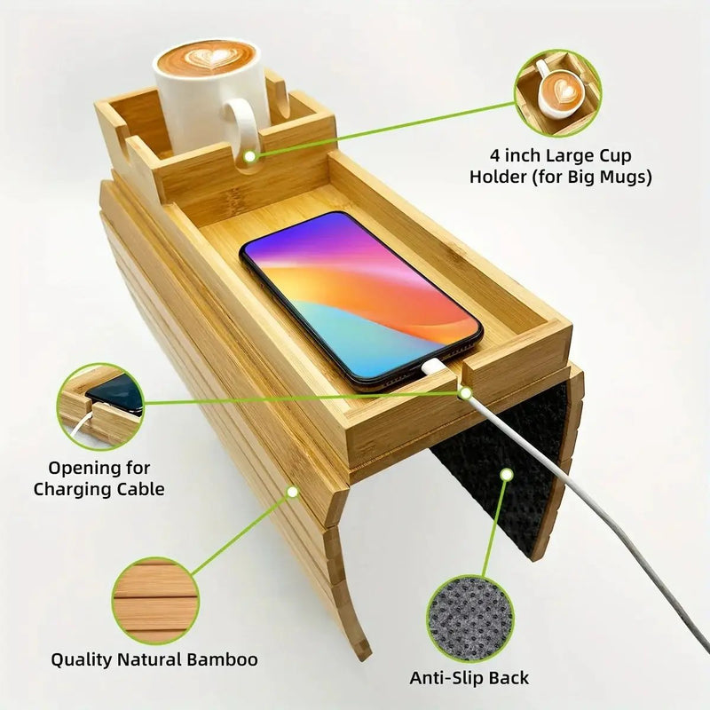 Bamboo Sofa Armrest Tray with Removable Organizer for Couch Lovers by House Of Avana