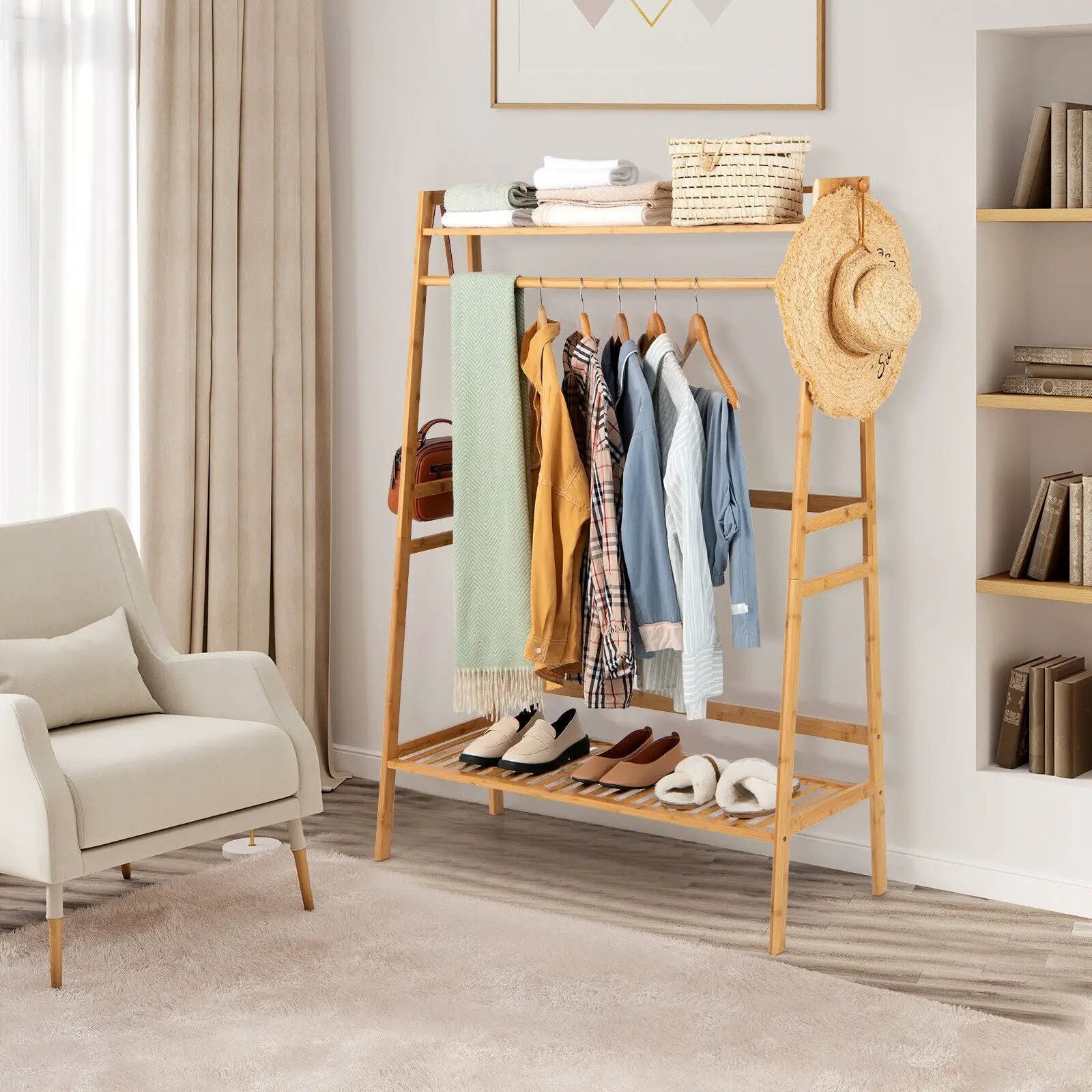 Bamboo Clothing Rack with Storage Shelves-Natural by DirectDeals