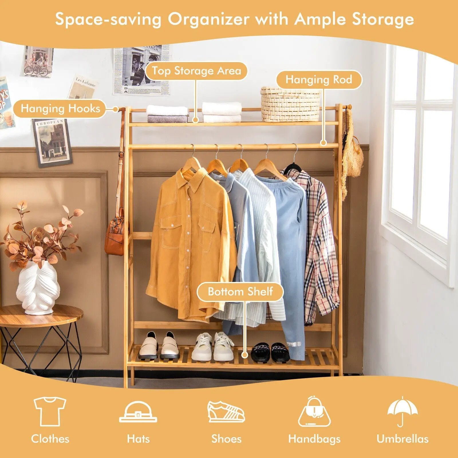 Bamboo Clothing Rack with Storage Shelves-Natural by DirectDeals