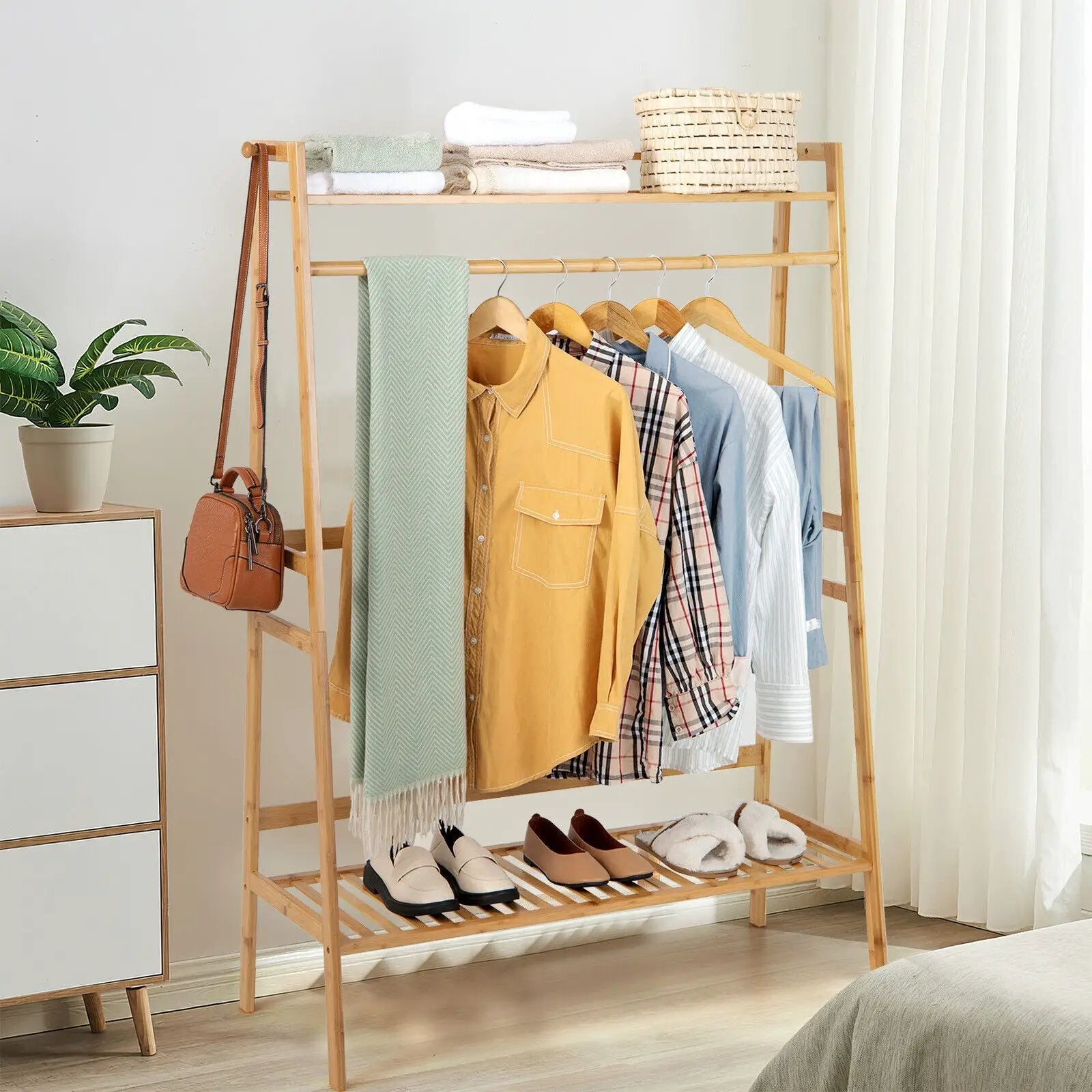 Bamboo Clothing Rack with Storage Shelves-Natural by DirectDeals