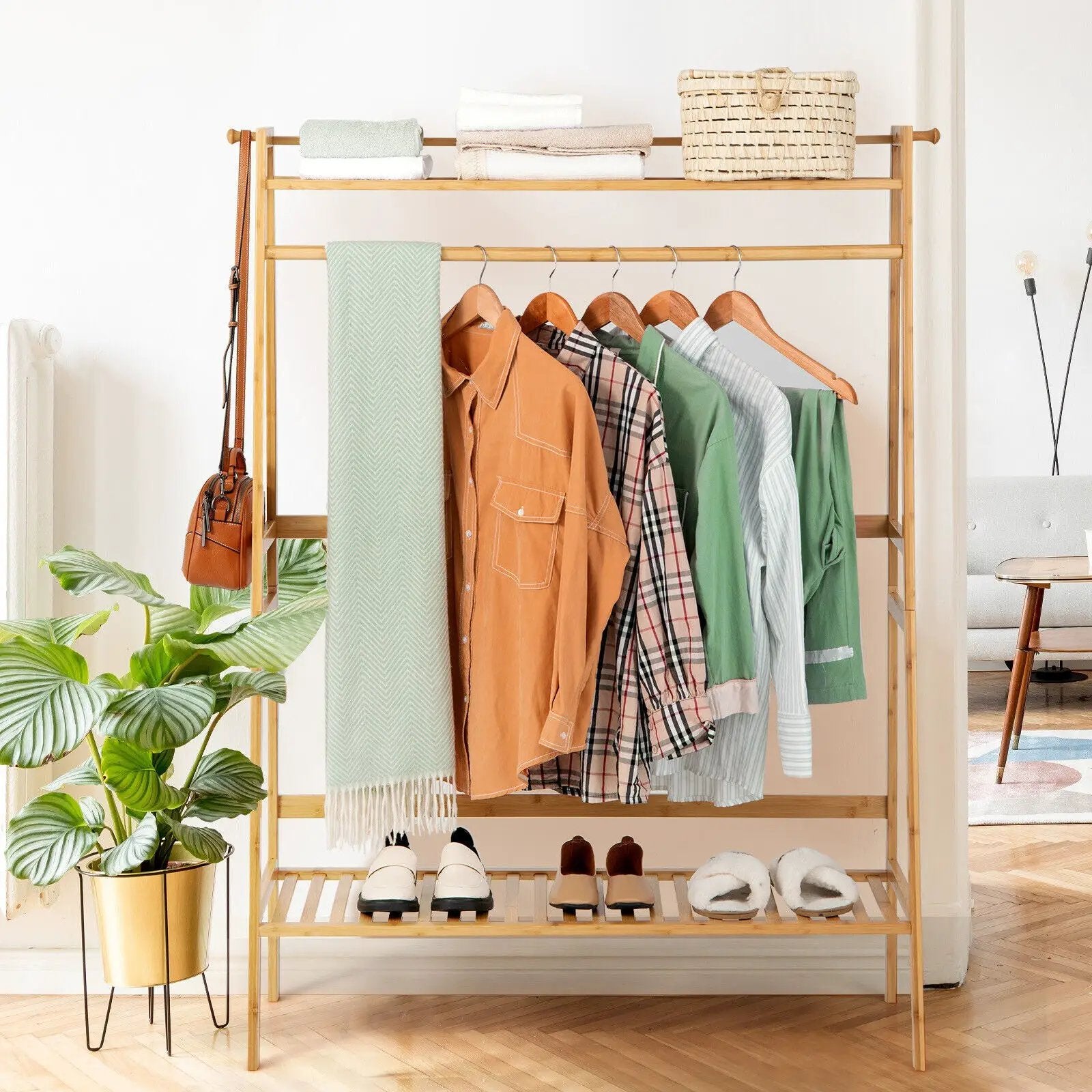 Bamboo Clothing Rack with Storage Shelves-Natural by DirectDeals