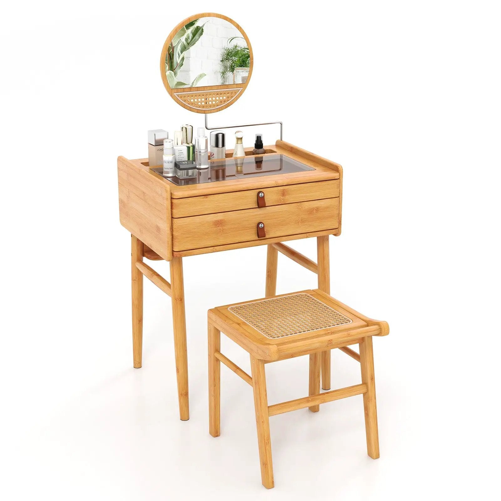 Bamboo Makeup Vanity Table with Stool and Rotating Mirror by DirectDeals