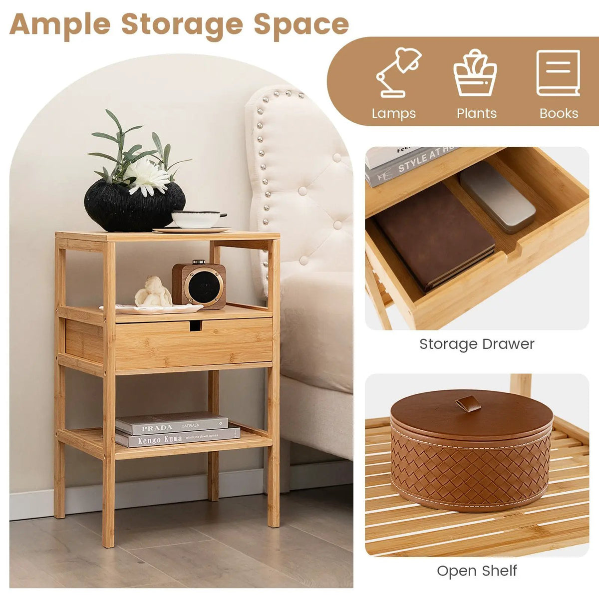 Bamboo Nightstand with Storage Drawer and Slatted Shelf, photo 2 of 16
