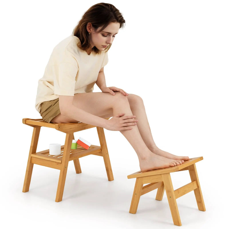 Bamboo Shower Seat Bench with Underneath Storage Shelf-Natural by DirectDeals