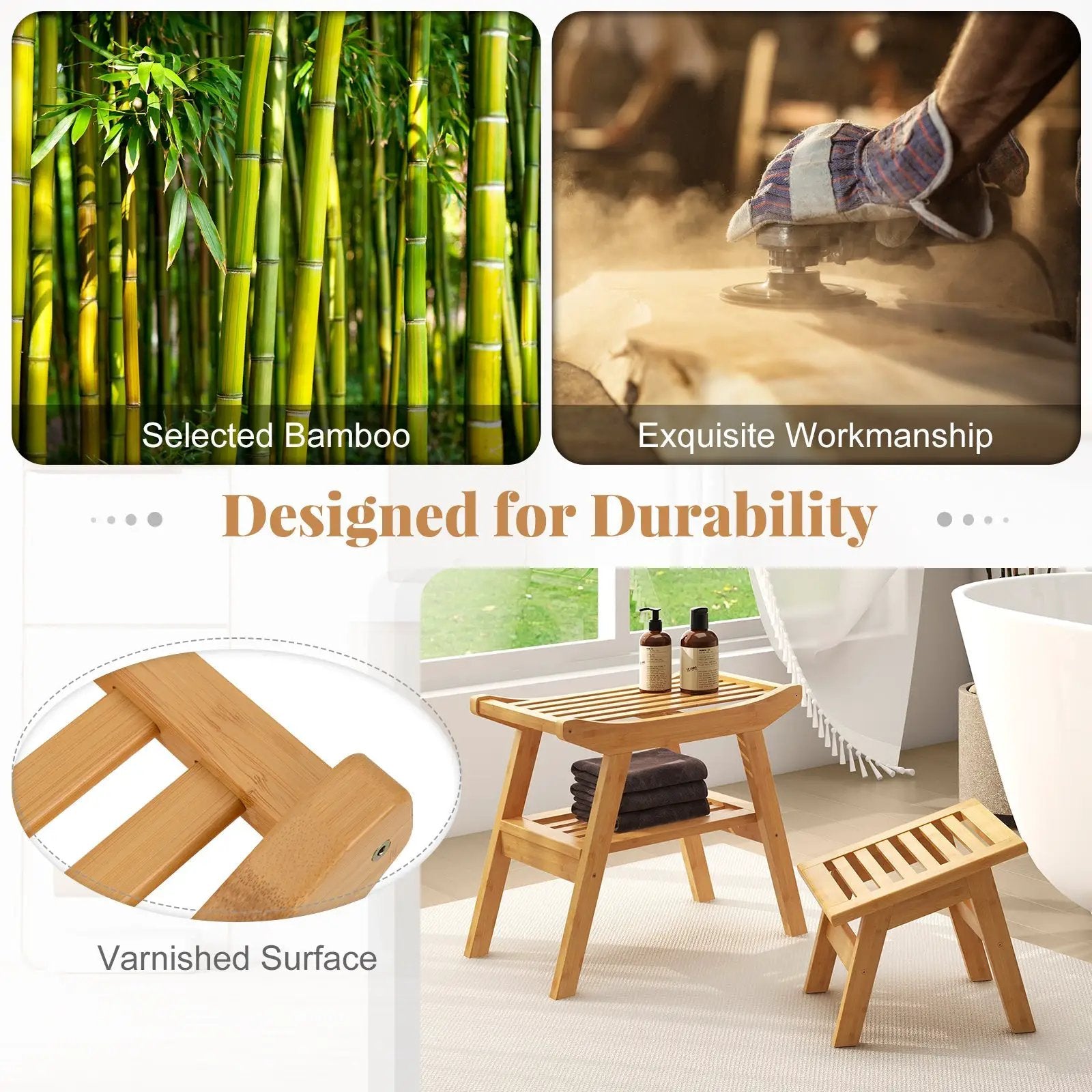 Bamboo Shower Seat Bench with Underneath Storage Shelf-Natural by DirectDeals