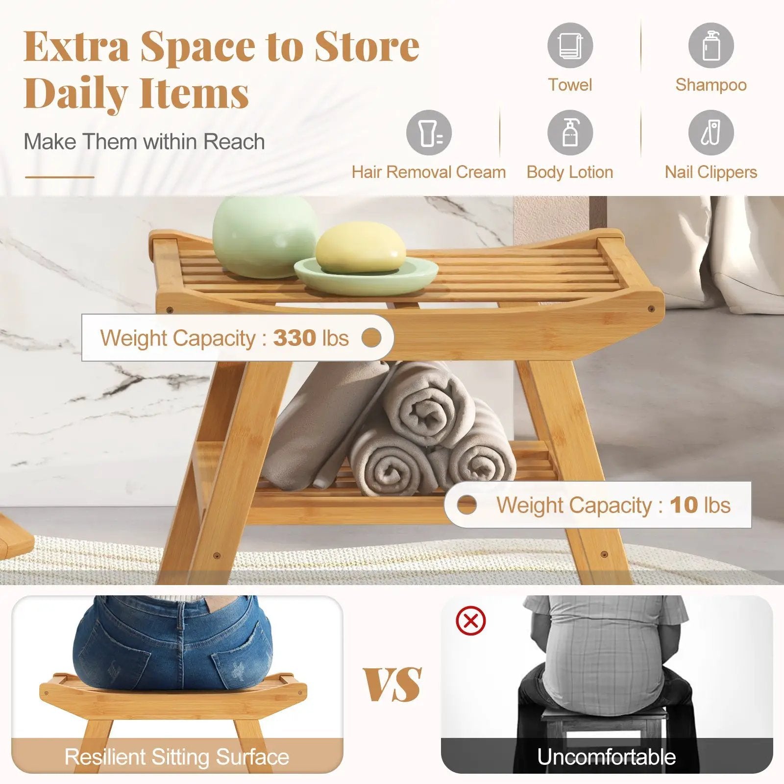 Bamboo Shower Seat Bench with Underneath Storage Shelf-Natural by DirectDeals
