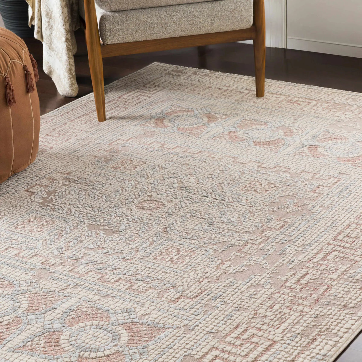 Terlingua Blush Greek Mosaic Carpet - Clearance, installed in a room