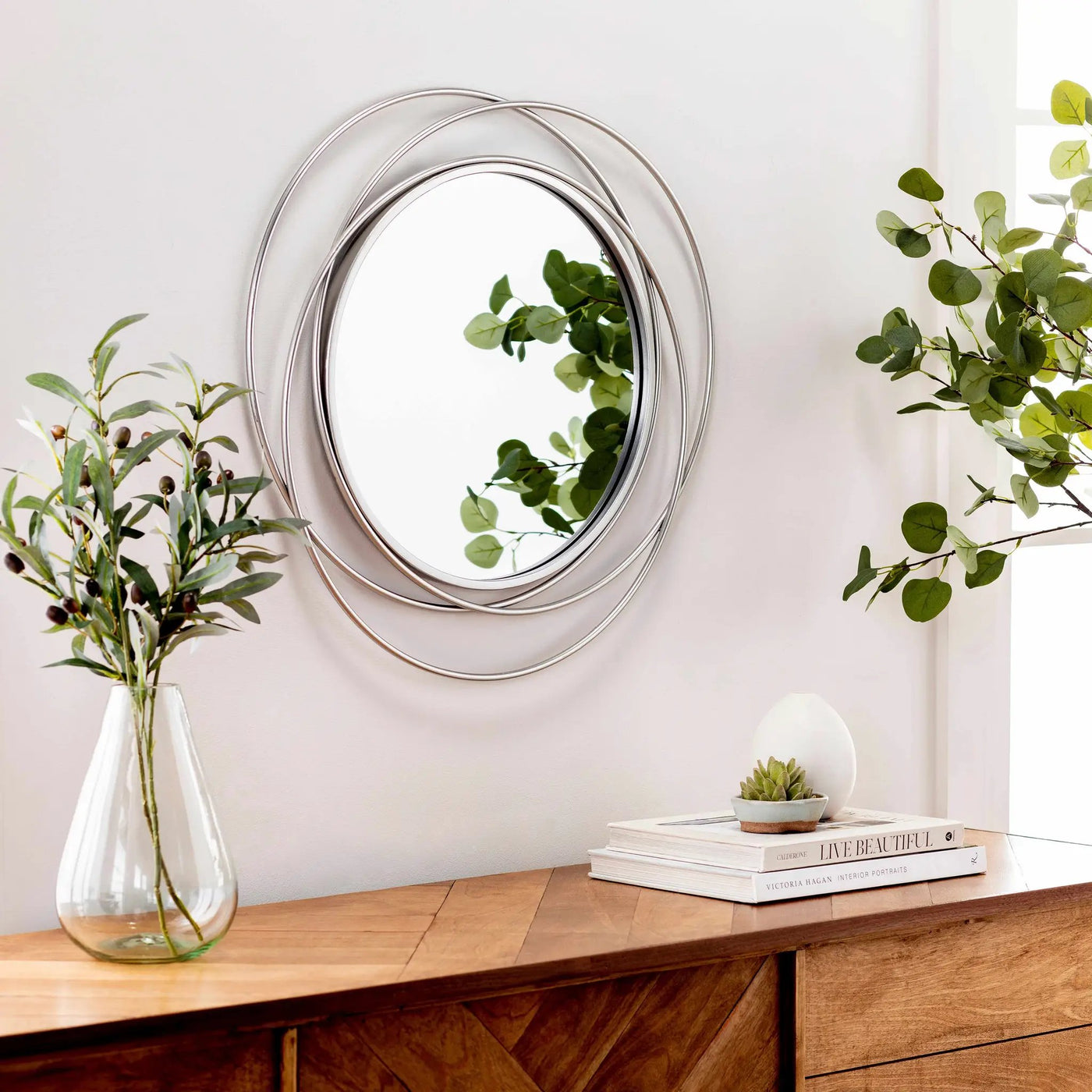 Basay Round Silver Gray Mirror by Boutique Rugs