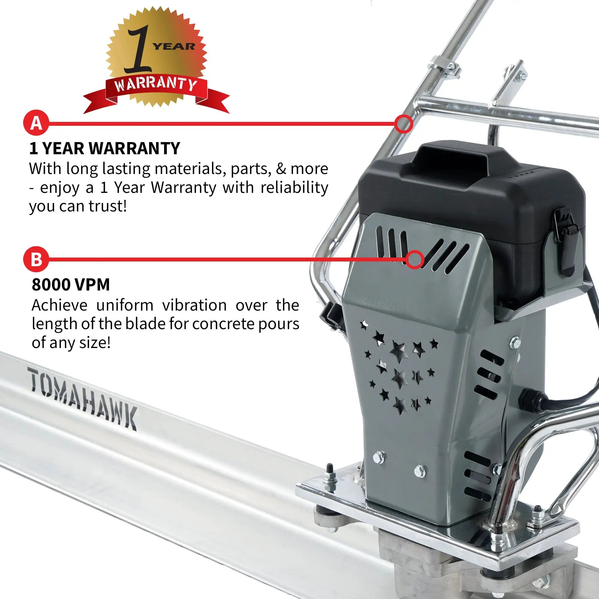 Battery Powered Vibrating Concrete Power Screed 36V/5Ah Float Finishing Tool (Choose 4ft, 6ft, 8ft, 10ft, 12ft, 14ft) by Tomahawk Power