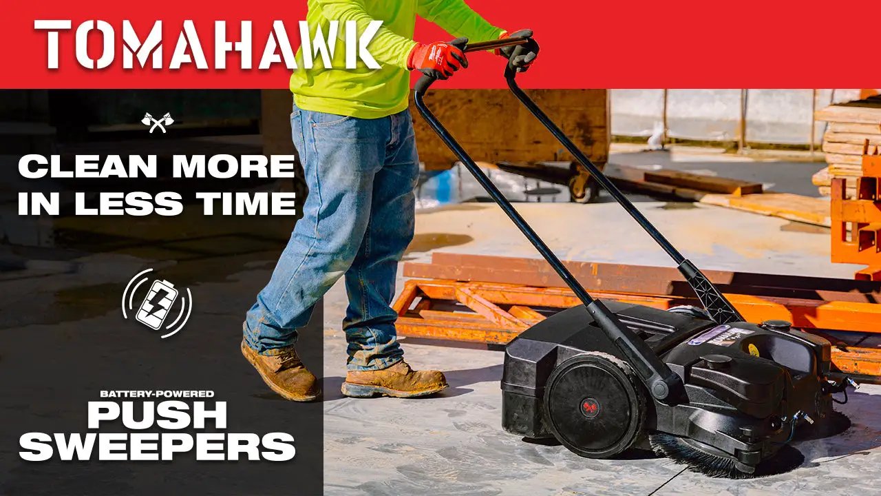 30" Battery Powered Push Sweeper with Triple Power Brooms Electric Drive and Dust Suppression Sprayer by Tomahawk Power
