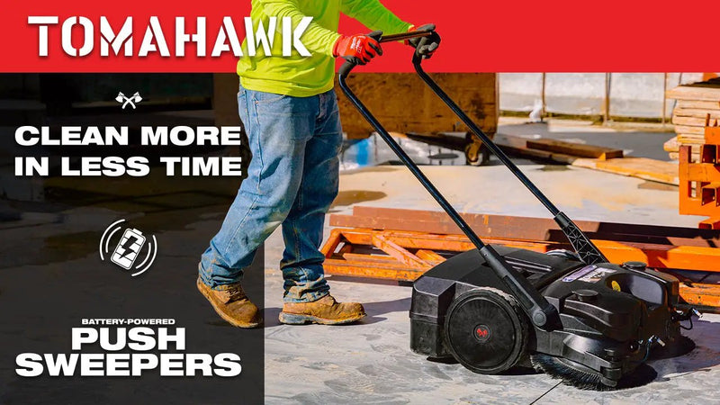 30" Battery Powered Push Sweeper with Triple Power Brooms Electric Drive and Dust Suppression Sprayer by Tomahawk Power