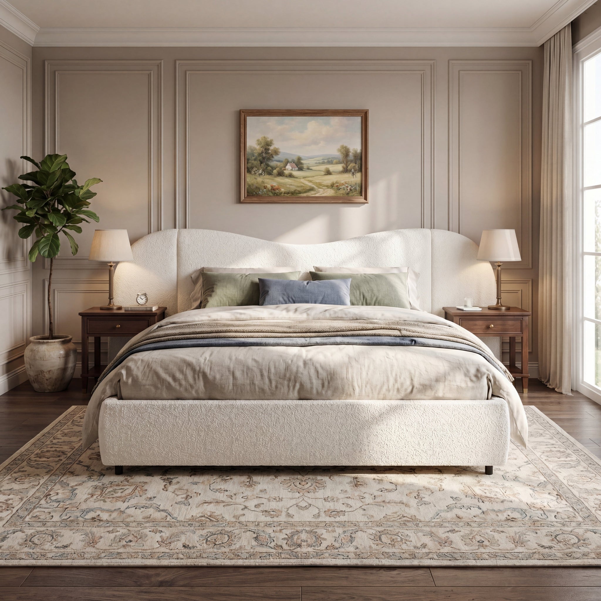 King Size Upholstered Bed Frame With Boucle Fabric Curved And Wide Headboard by HouseOfZazla