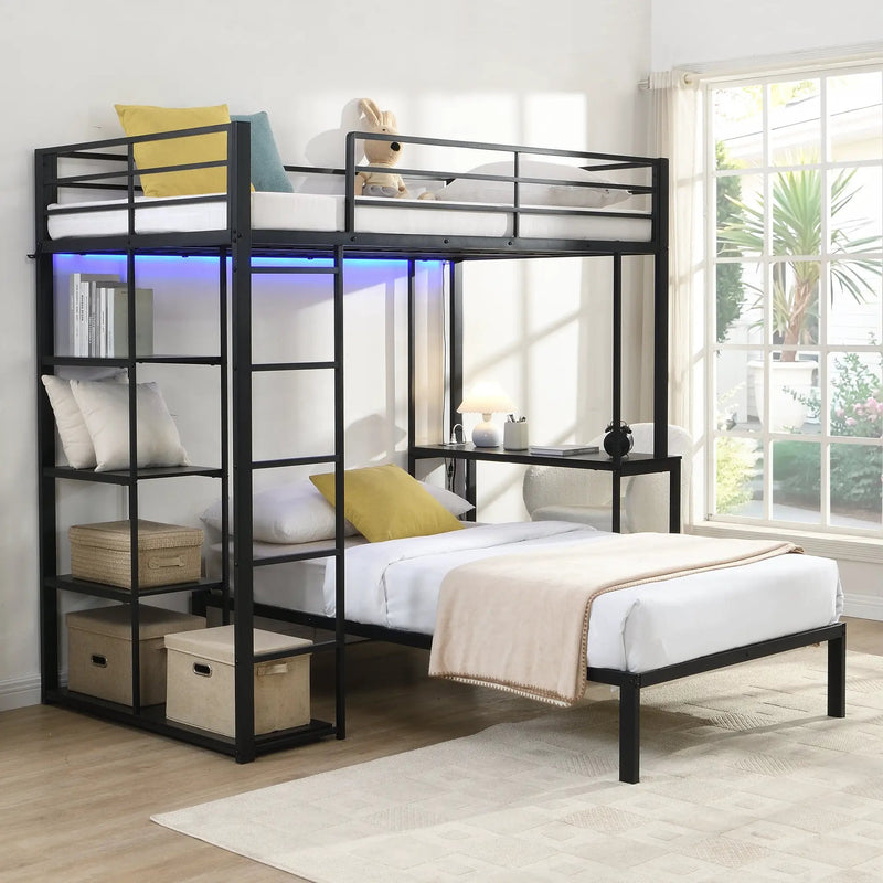 Metal Loft Bed Frame with LED Light Strip, Side Storage Shelves & Built-in Desk by HouseOfZazla