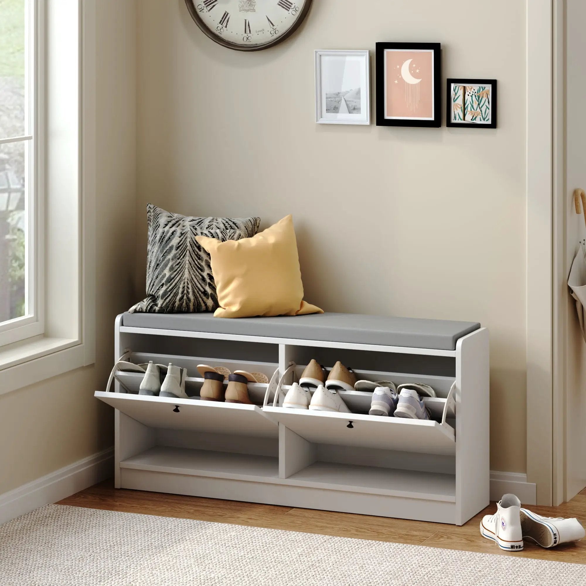 Shoe Storage Bench With Cushion, Entryway Organizer Cabinet For Hallway - White by Unique Piece Furniture