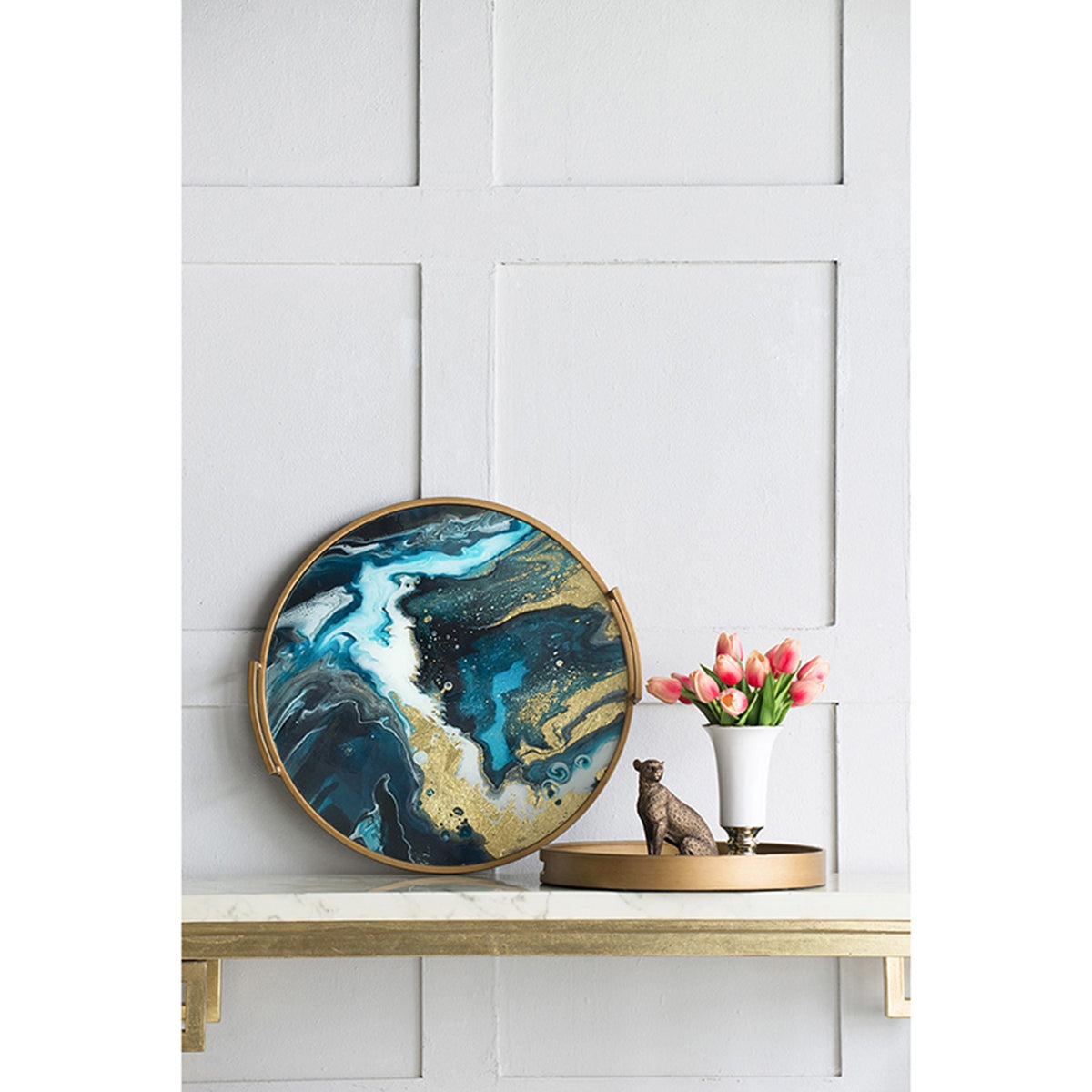 20.9x20.1x3.1" Round Accent Mirrored Tray with Handles by HouseOfZazla