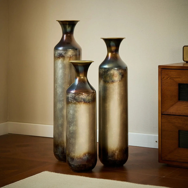 Modern Droplet Shaped Floor Vase Set, Glazed Metal Decorative Vases 3 Piece Home Accent For Living Room - Gold / White by HouseOfZazla
