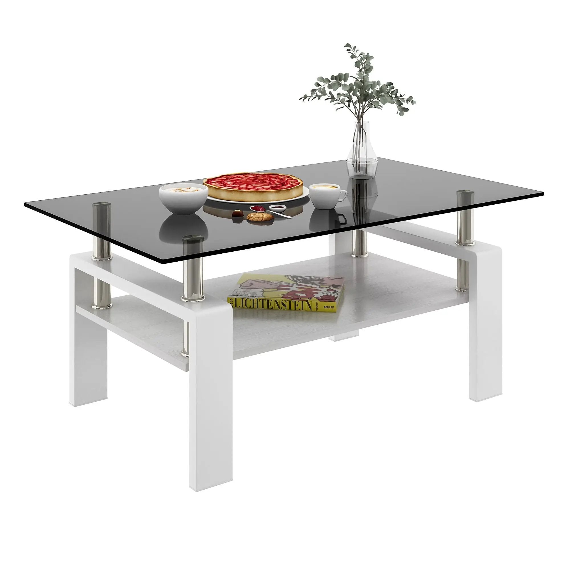 Modern Rectangular Coffee Table With Tempered Transparent Glass Top And Storage Shelf by Unique Piece Furniture