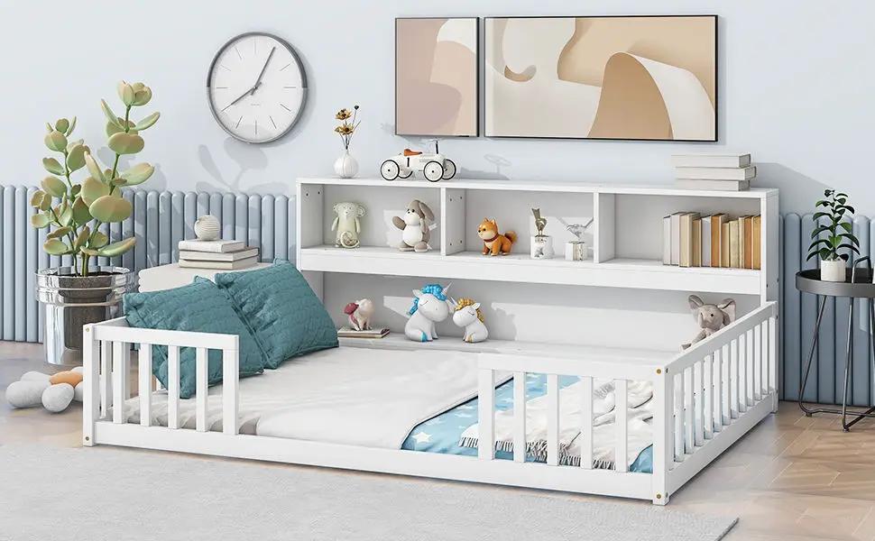 Floor Bed With Side Bookcase, Shelves, Guardrails by Unique Piece Furniture