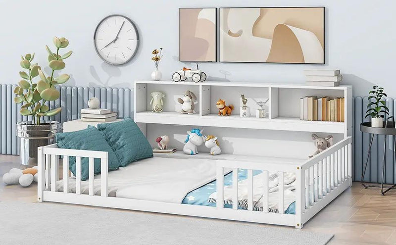 Floor Bed With Side Bookcase, Shelves, Guardrails by Unique Piece Furniture