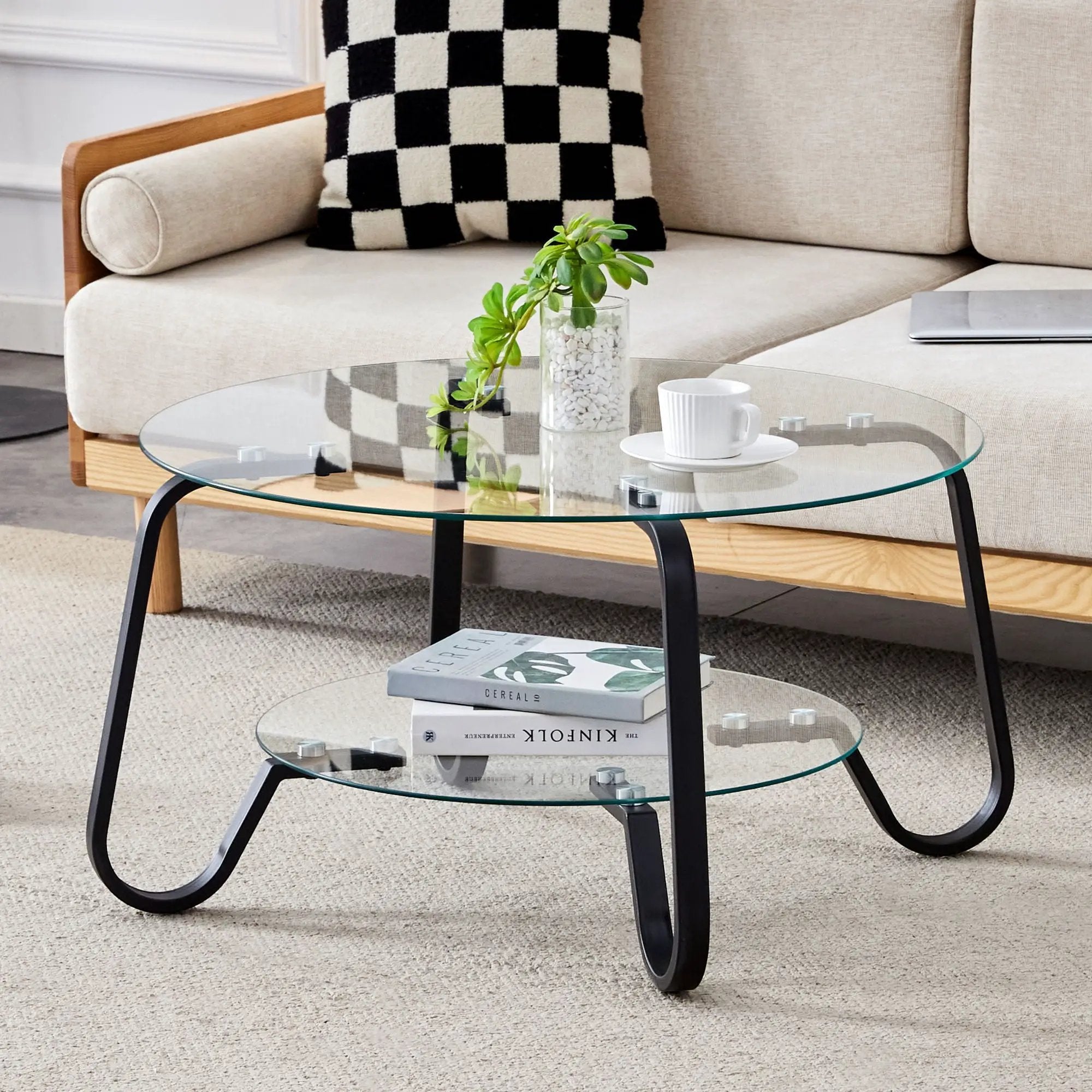 Retro Minimalist Style Metal Frame Double Layer Tempered Glass Coffee Table by HouseOfZazla