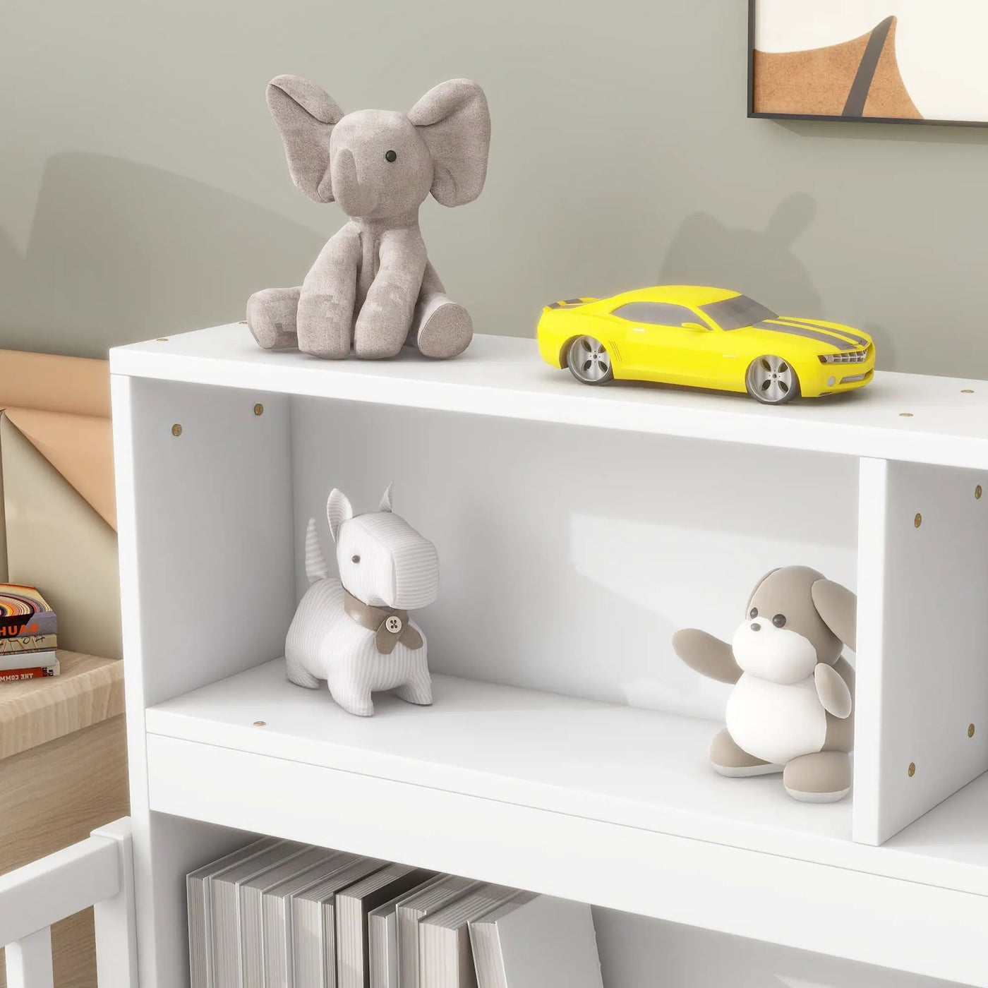 Floor Bed With Bedside Bookcase, Shelves, Guardrails by HouseOfZazla