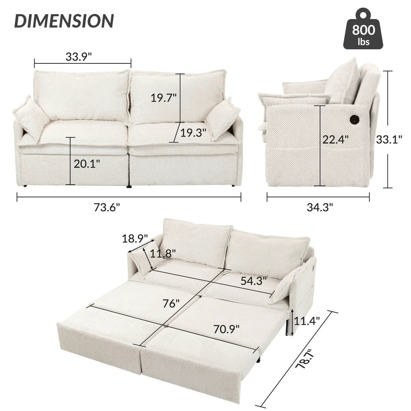 Pull Out Sofa Bed, Convertible Sleeper Sofa Couch, Side Storage, And USB / C - Type Charging Ports Chair by Unique Piece Furniture