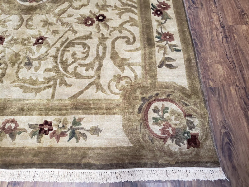 Vintage Nepali Tibetan Aubusson Rug 6x9, Wool Hand-Knotted Cream Beige Carpet, Leaves & Floral Pattern 6 x 9 Soft Area Rug Home Office Rug by Jewel Rugs