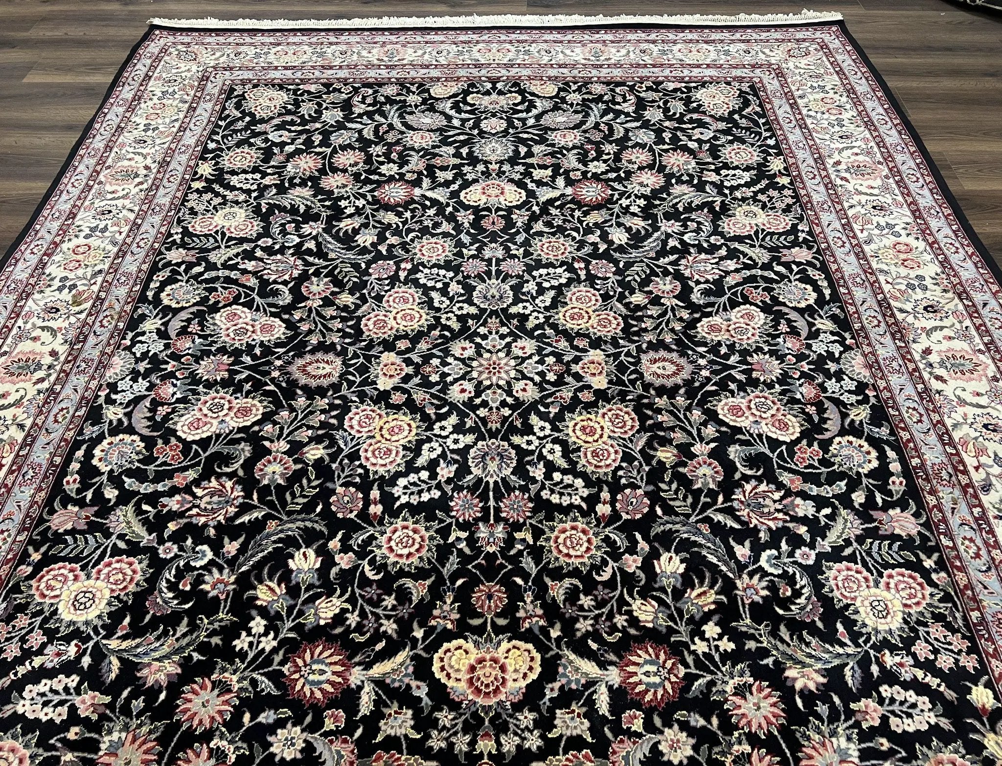 Pak Persian Rug 9x12, Floral Allover, Hand Knotted Oriental Carpet 9 x 12 ft, Black and Cream, Detailed, Wool with Silk Highlights, Vintage by Jewel Rugs