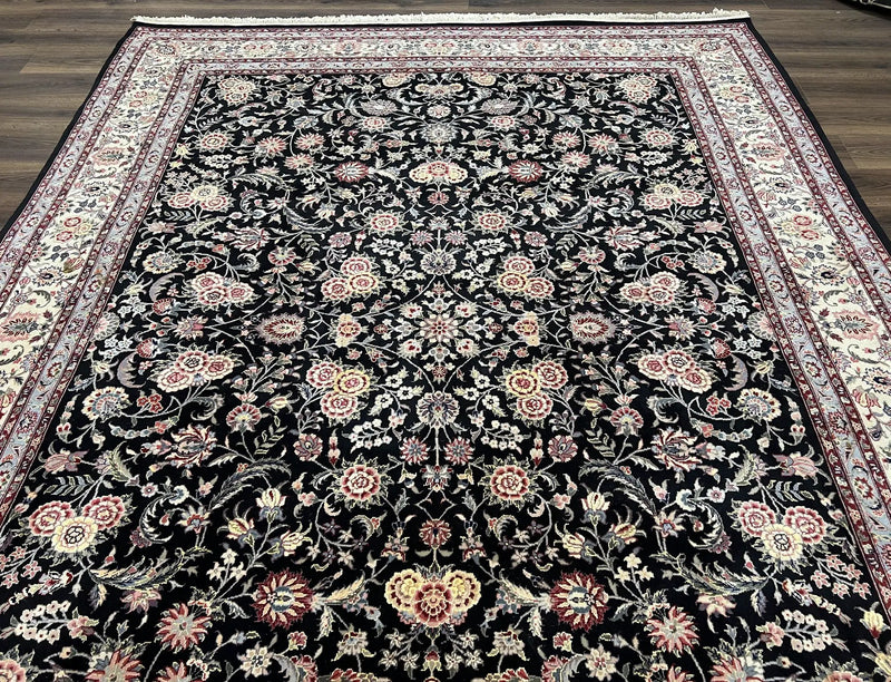 Pak Persian Rug 9x12, Floral Allover, Hand Knotted Oriental Carpet 9 x 12 ft, Black and Cream, Detailed, Wool with Silk Highlights, Vintage by Jewel Rugs