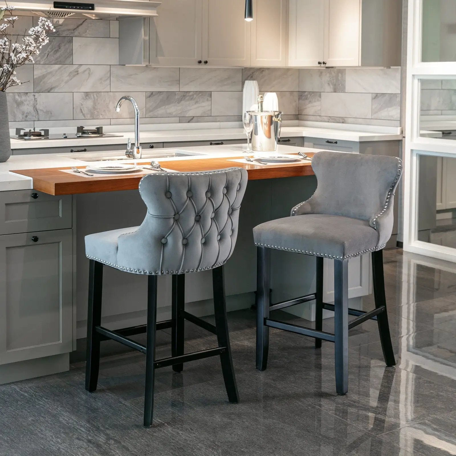 Contemporary Upholstered Wing-Back Barstools With Button Tufted Decoration And Wooden Legs, And Nailhead Trim, Leisure Style Bar Chairs, Bar Stools (Set of 2) by Unique Piece Furniture