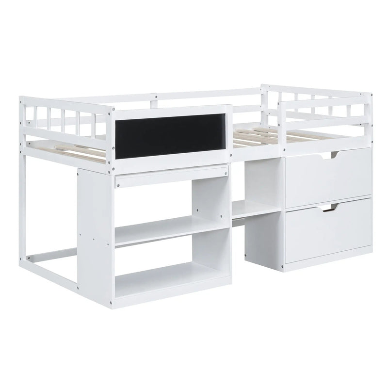 Low Loft Bed With Rolling Desk, Shelf And Drawers by HouseOfZazla