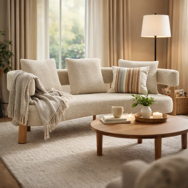 Luxe 76.5 in. Curved 3-Seater Modern Upholstered Boucle Sofa, Sesame by HouseOfZazla