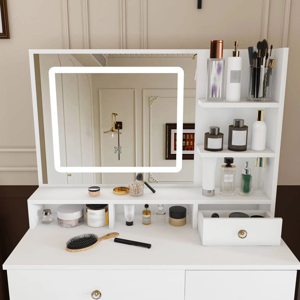 Fashion Vanity Desk with Mirror & 3-Color Dimmable LED Lights by HouseOfZazla