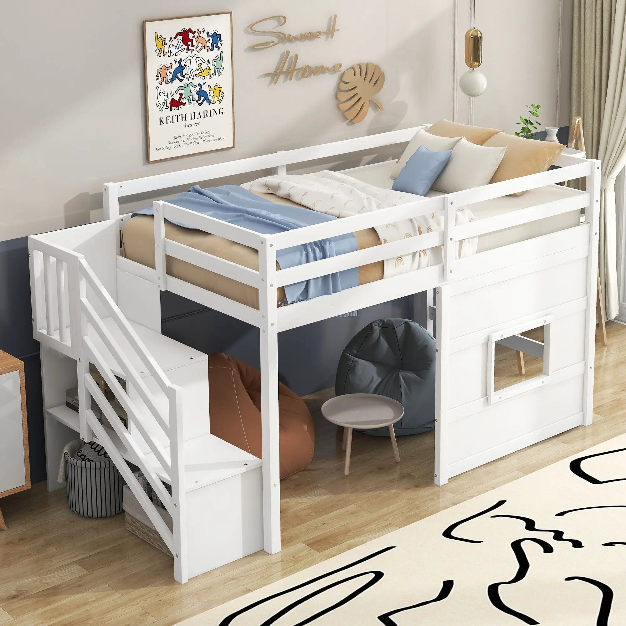 Loft Bed With Storage Staircase, Window & LED Light