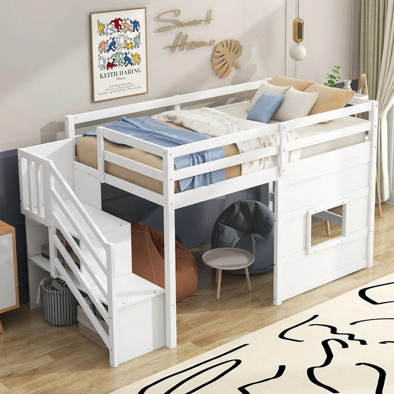 Loft Bed With Storage Staircase, Window & LED Light