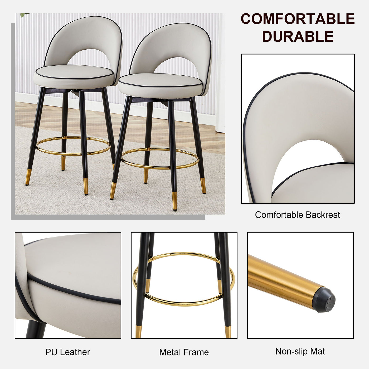 Modern Upholstered 360° Rotatable Bar Chair With Metal Legs For Dining Room (Set of 2) by Unique Piece Furniture
