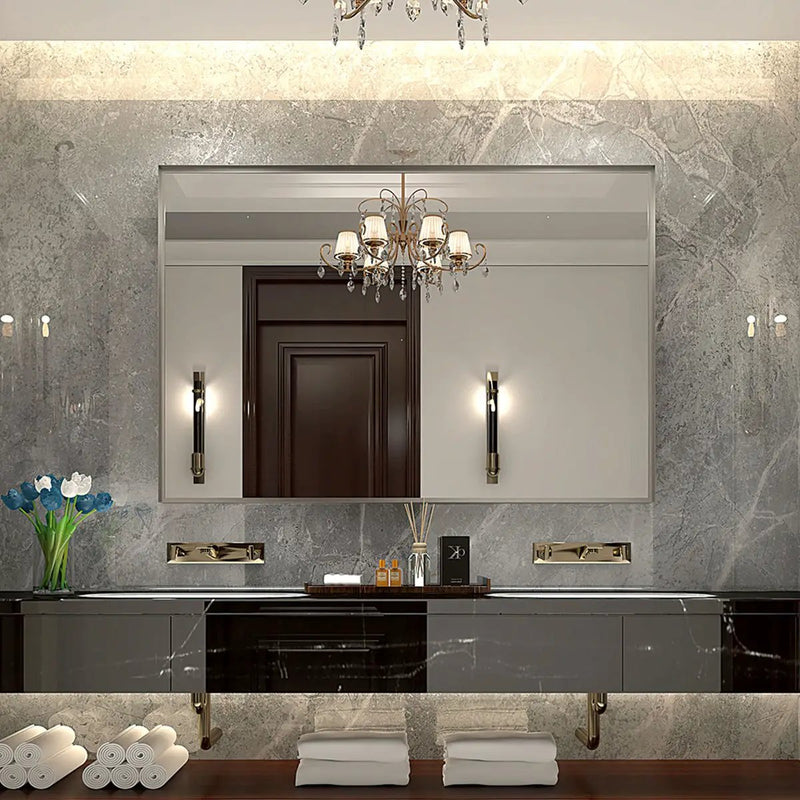 40X30" Silver Rectangular Wall-Mounted Beveled Bathroom Mirror, Square Angle Metal Frame Wall Mounted Bathroom Mirrors For Wall (Horizontal & Vertical) - Silver by Unique Piece Furniture