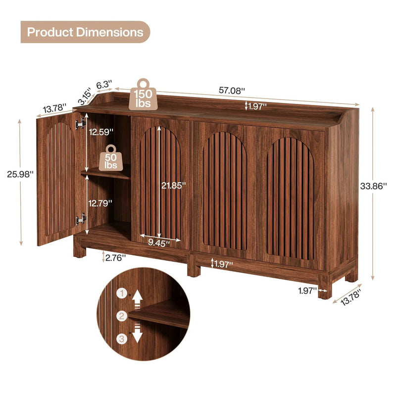 Sideboard Buffet Cabinet With 4 Doors & Shelves, Credenza Table For Dining Room - Brown by HouseOfZazla