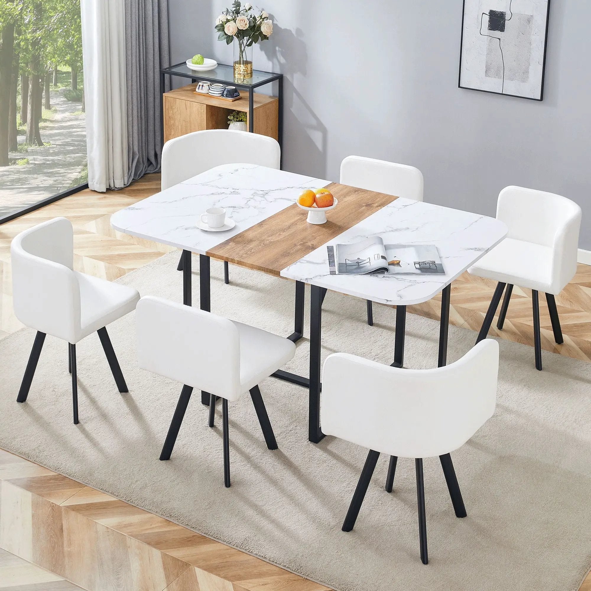 Modern Minimalist Marble Pattern Joinery Dining Table With Dining Chairs by Unique Piece Furniture