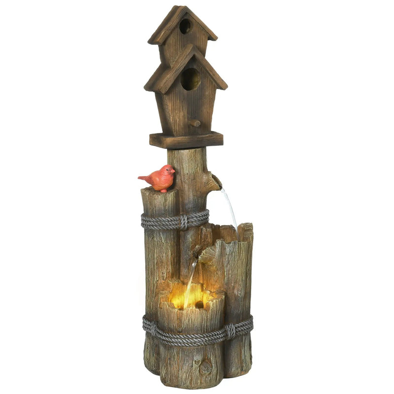 Outsunny - Outdoor Fountain With Birdhouse, Cascading Garden Waterfall Bird Bath With 3 Tier Rustic Tree Trunk / Log Design, LED Lights For Porch, Deck, Yard Decor - Brown by Unique Piece Furniture
