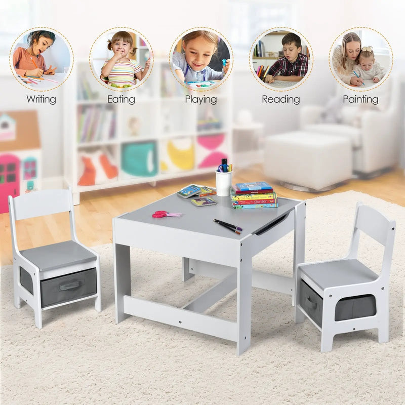 Kids Table Chairs Set With Storage Boxes Blackboard Whiteboard Drawing by DirectDeals