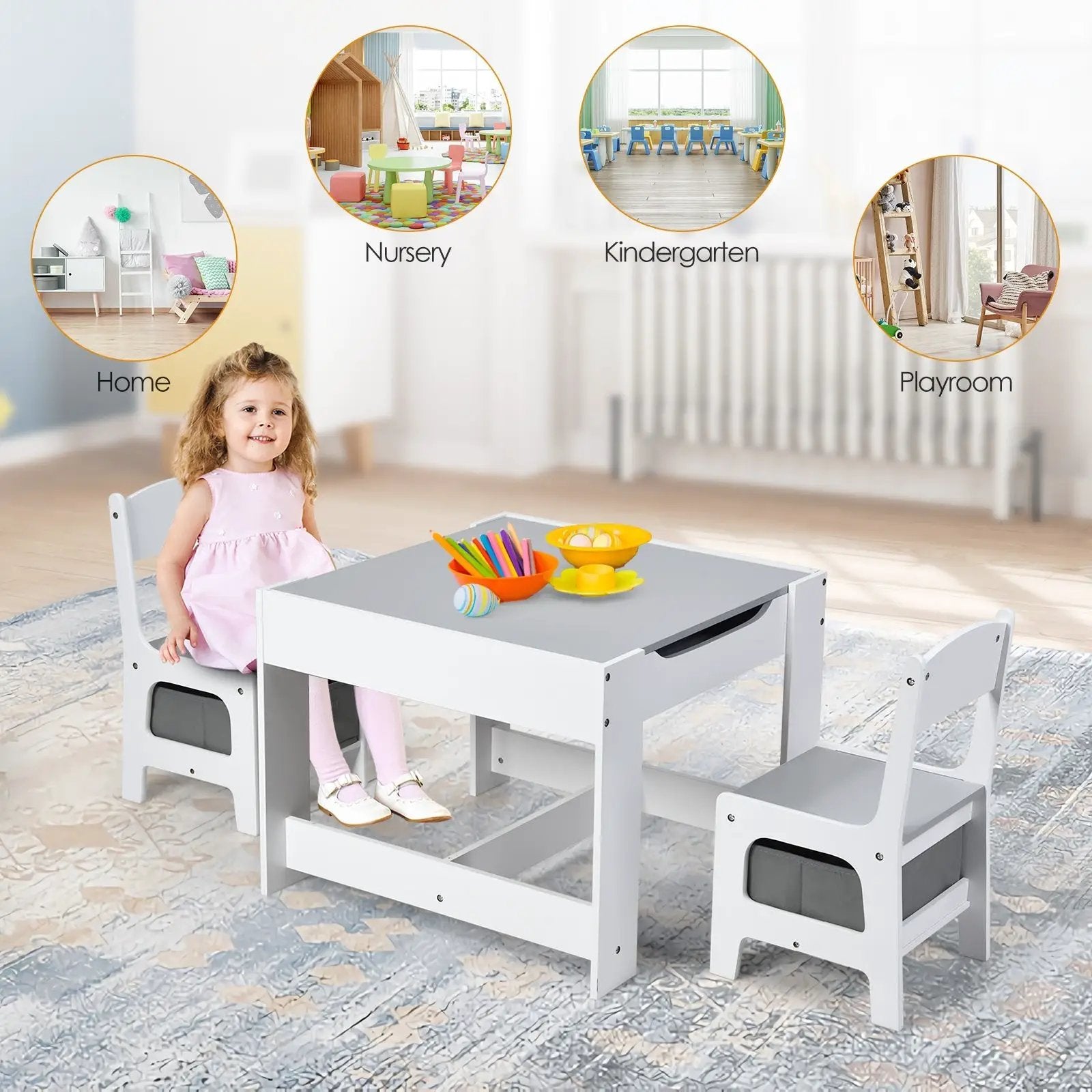 Kids Table Chairs Set With Storage Boxes Blackboard Whiteboard Drawing by DirectDeals