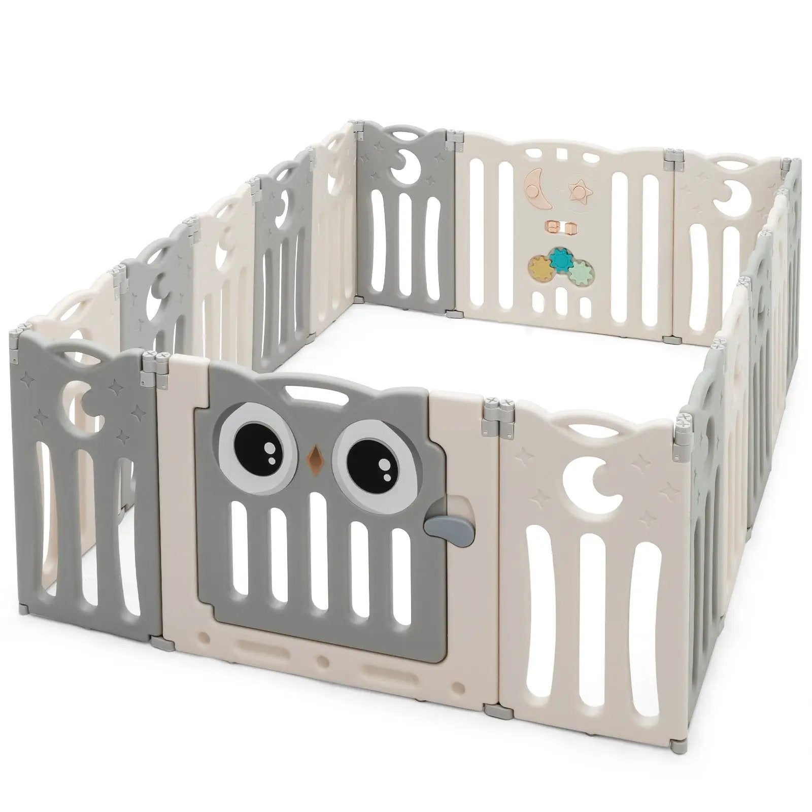 16-Panel Baby Activity Center Play Yard with Lock Door -Beige by DirectDeals