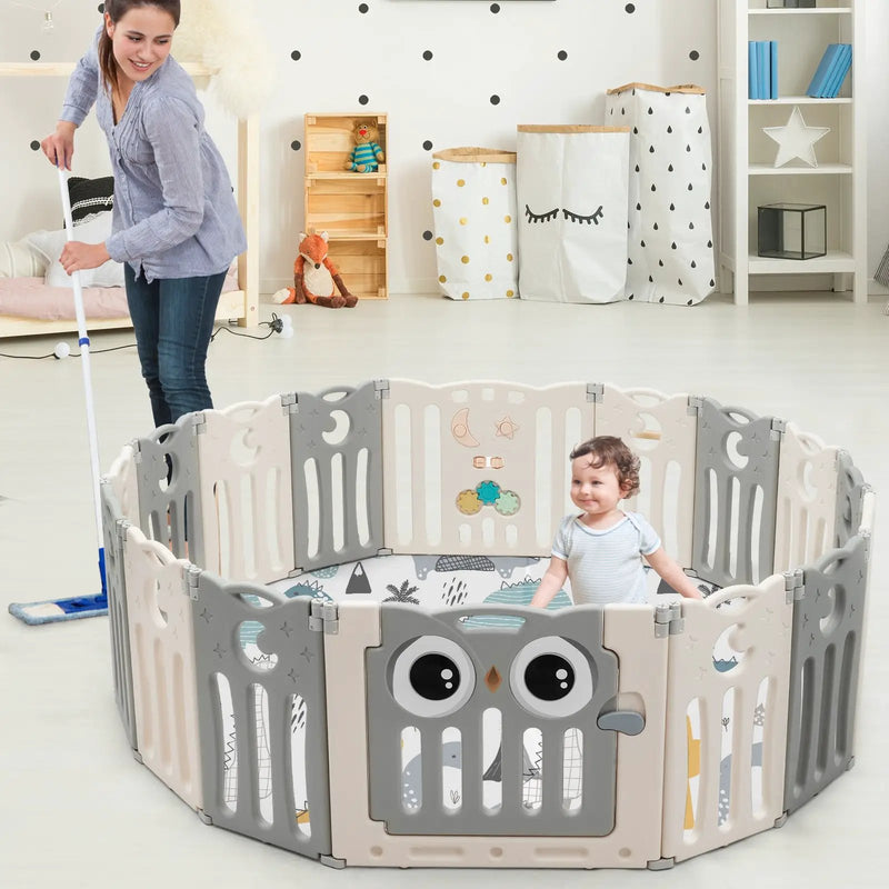 16-Panel Baby Activity Center Play Yard with Lock Door -Beige by DirectDeals