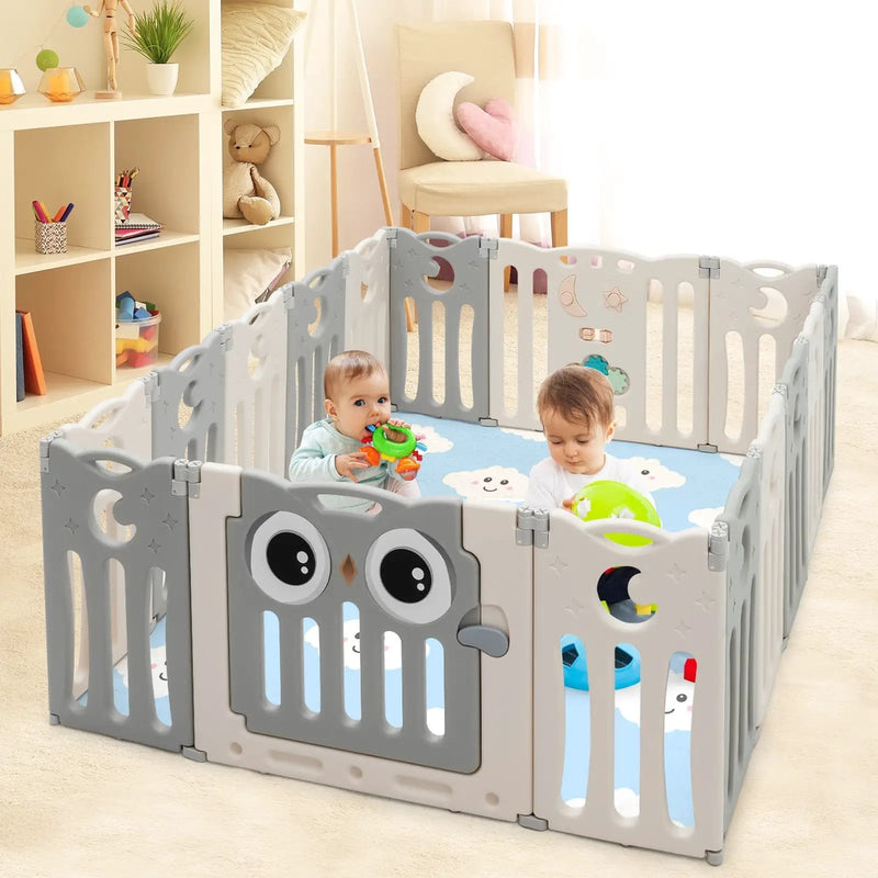 16-Panel Baby Activity Center Play Yard with Lock Door -Beige by DirectDeals
