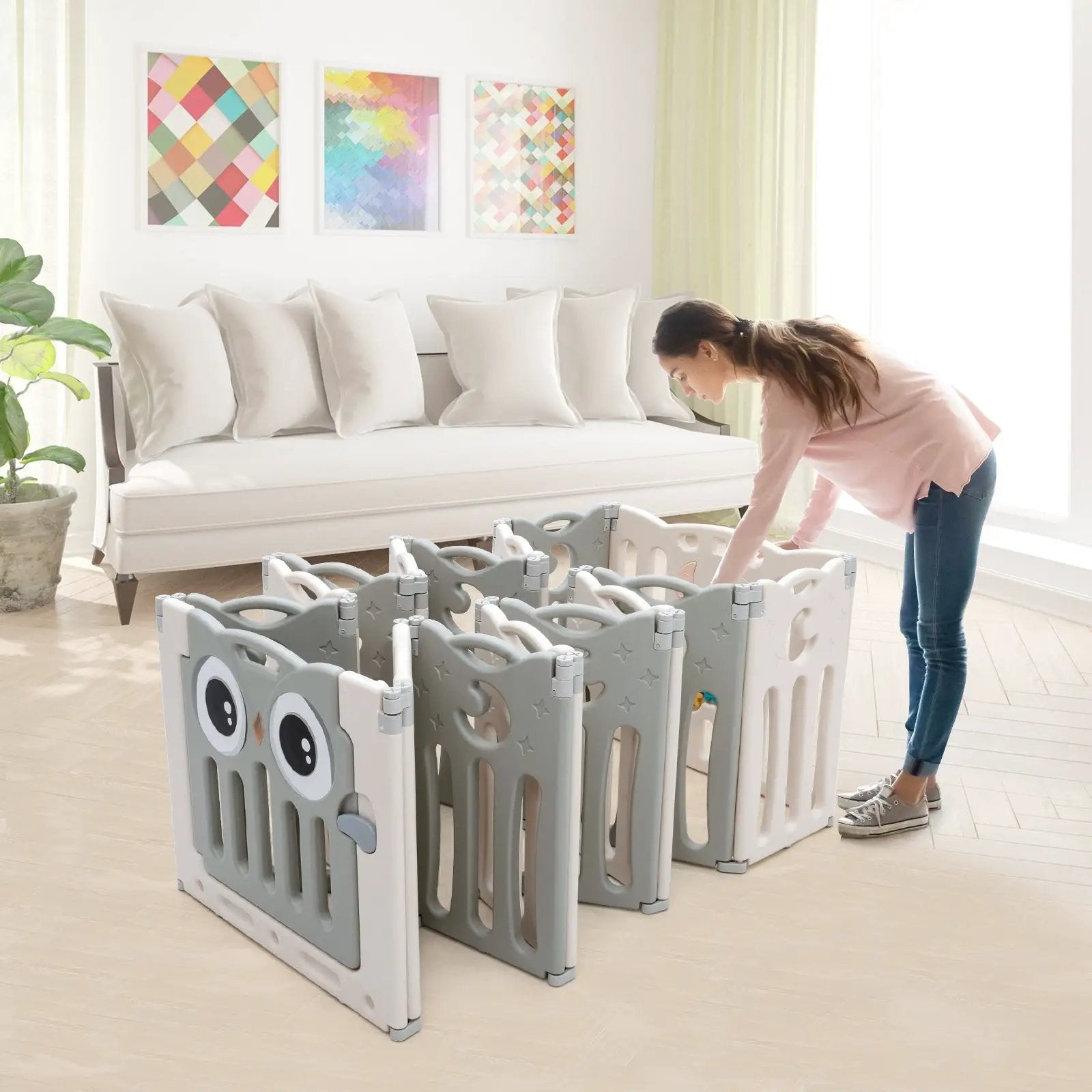 16-Panel Baby Activity Center Play Yard with Lock Door -Beige by DirectDeals