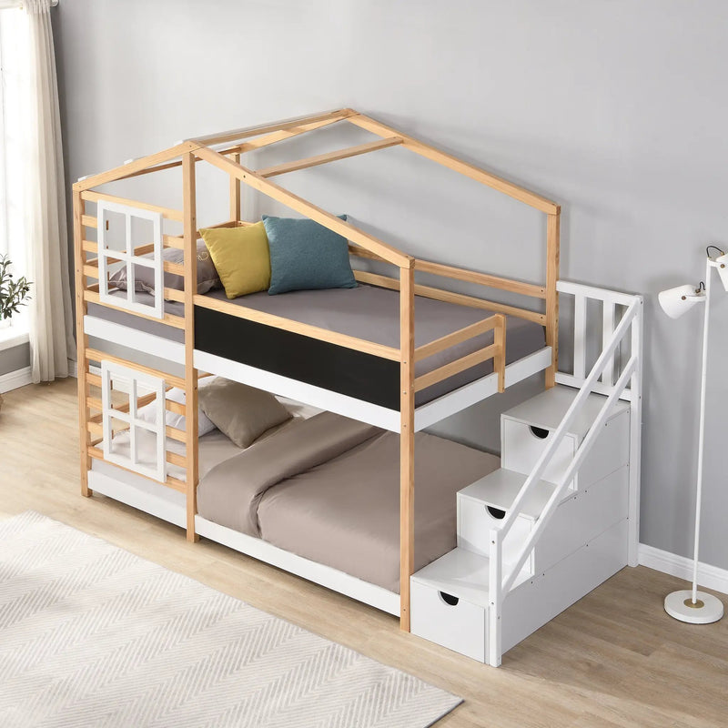 Twin Over Twin Bunk Bed House Bed With Roof and Storage, photo 2 of 6