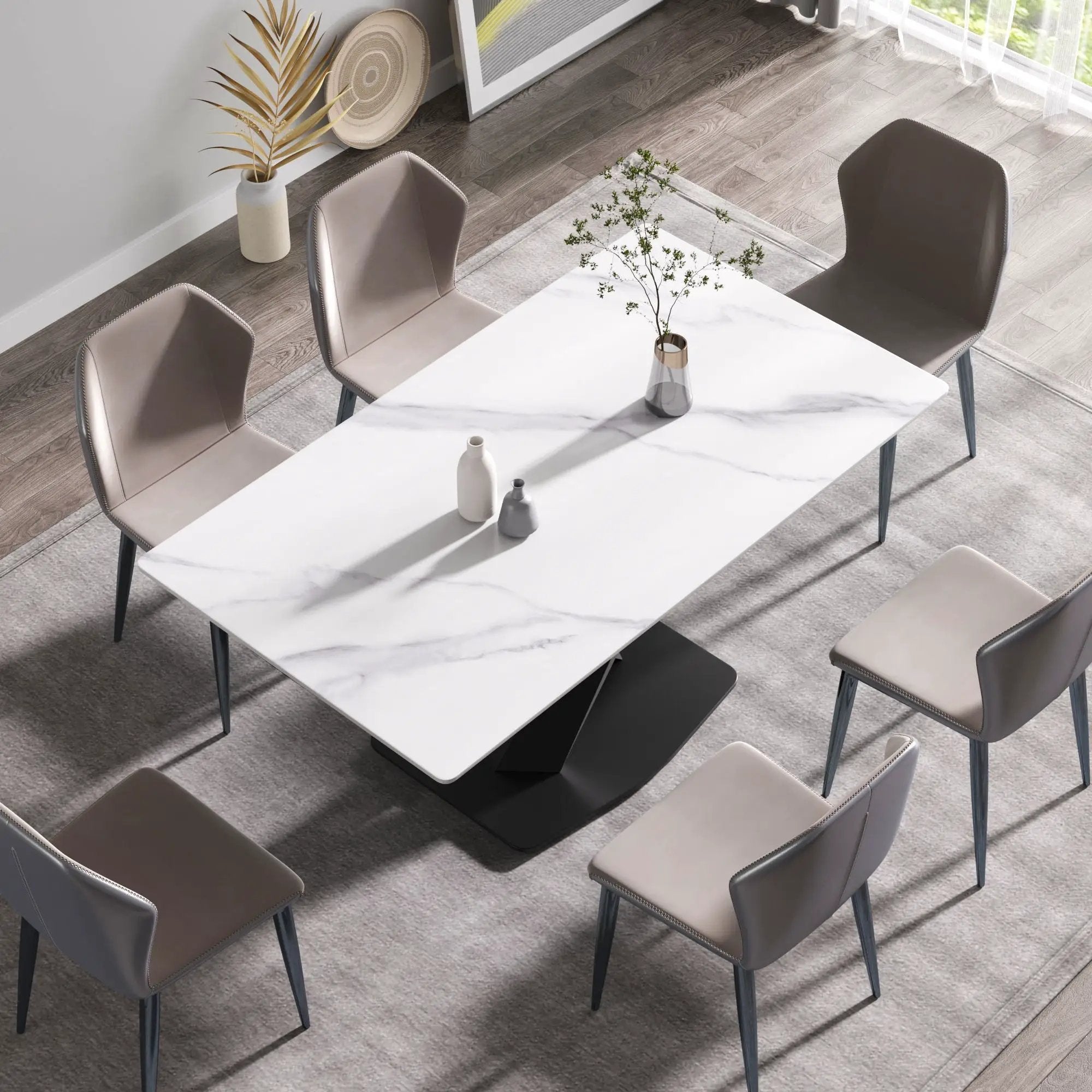 63" Modern Artificial Stone Straight Edge Metal X-Leg Dining Table, 6 People - White / Black by Unique Piece Furniture