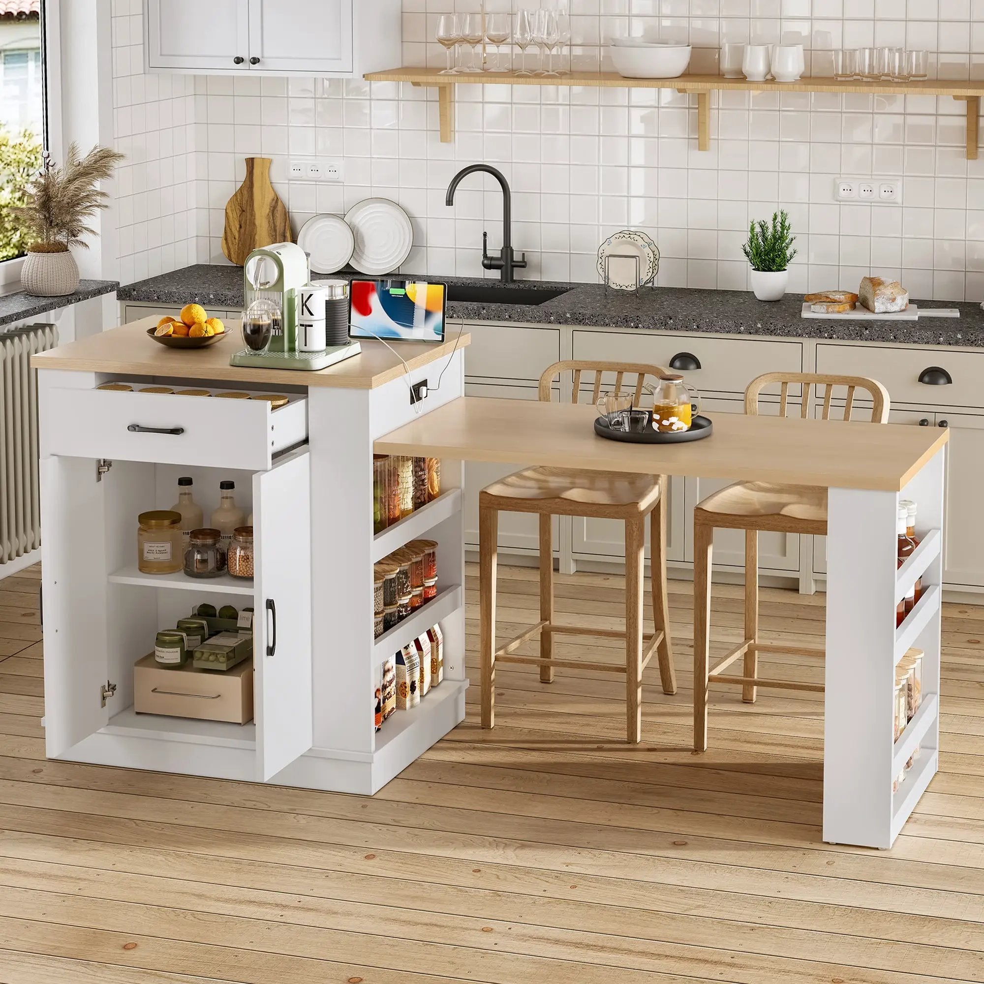 Extendable Island Console with Drawers, Double-Door Cabinet, and Open Shelving by HouseOfZazla