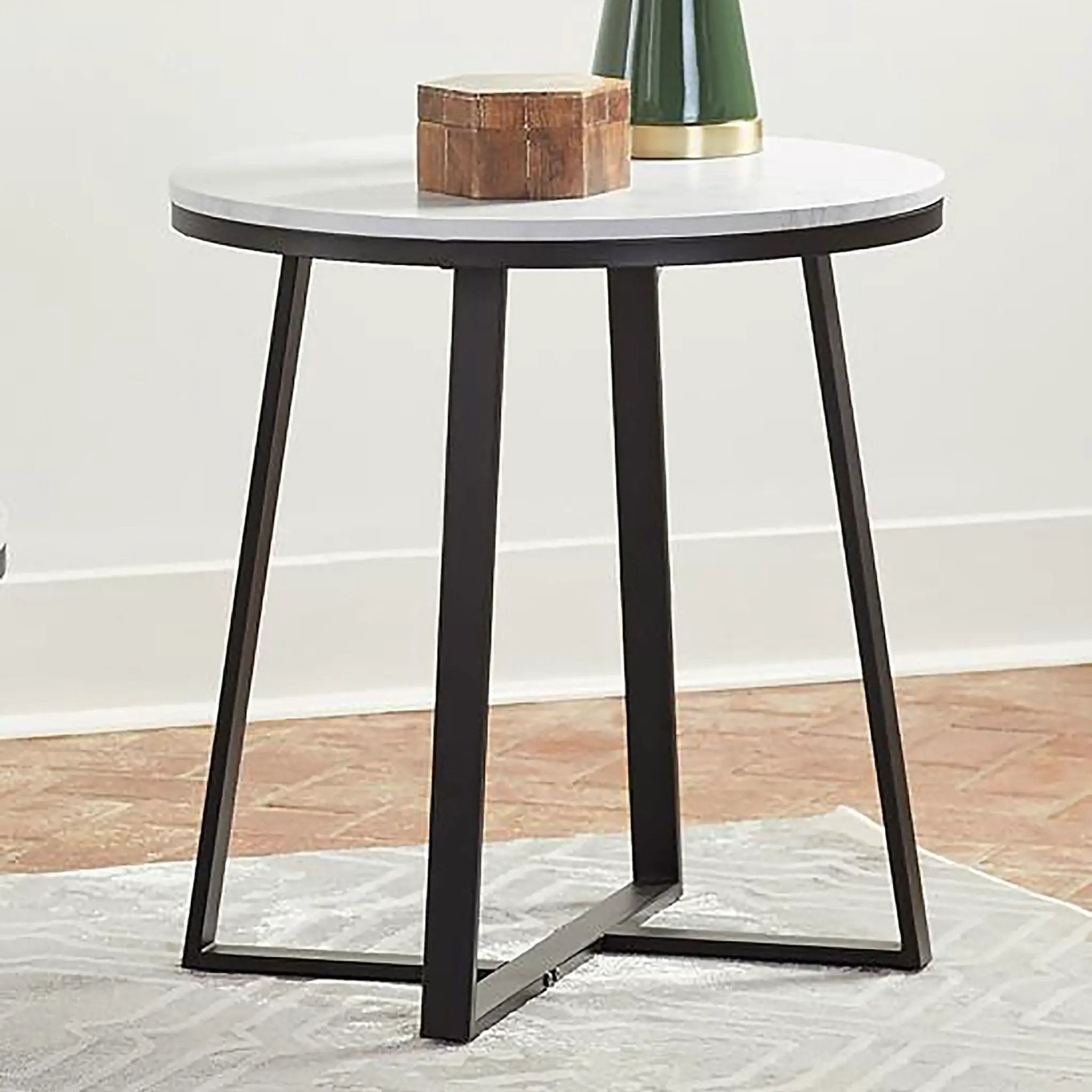 Hugo Round Faux Marble End Table White and Matte Black by Unique Piece Furniture